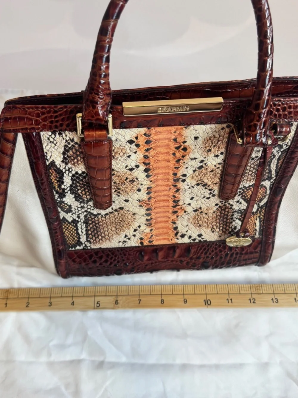 Brahmin Satchel Handbag Snakeskin Leather Trim Mini Asher Melbourne Hemlock